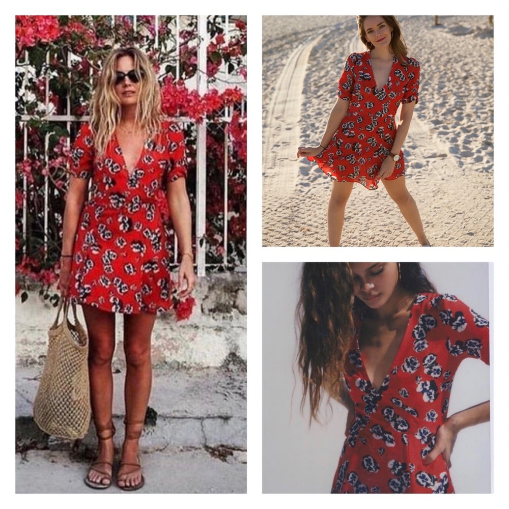 REALISATION PAR Red Floral V Neck Short Sleeve Mini Dress Large Blogger Favorite